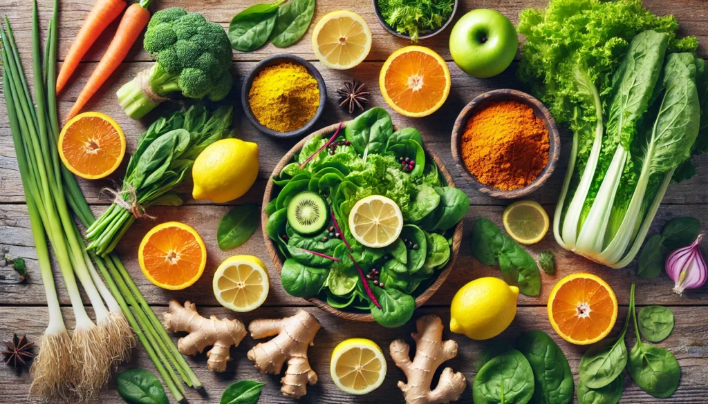 Flat lay of detox ingredients including leafy greens, citrus fruits, ginger root, and turmeric powder on a rustic wooden background, representing natural body cleansing and rejuvenation