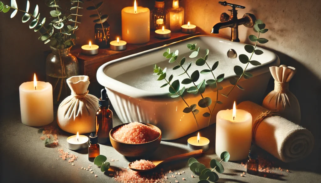 Calming detox bath scene with Himalayan pink salt, essential oils, and eucalyptus leaves around a white ceramic bathtub illuminated by soft candlelight, creating a relaxing and rejuvenating atmosphere