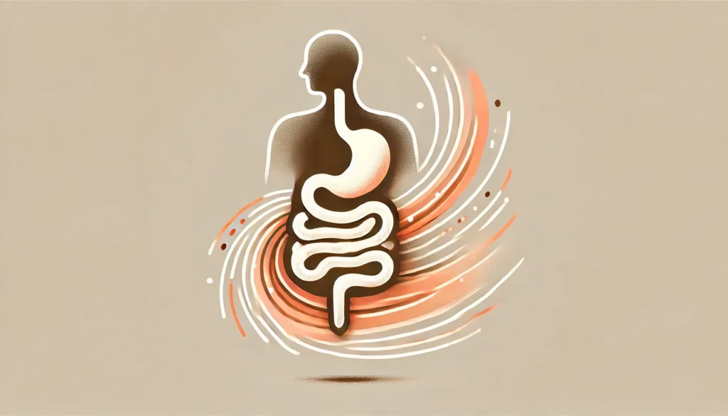 Minimalistic human silhouette with illuminated swirling digestive tract, illustrating fast relief and ease of digestion