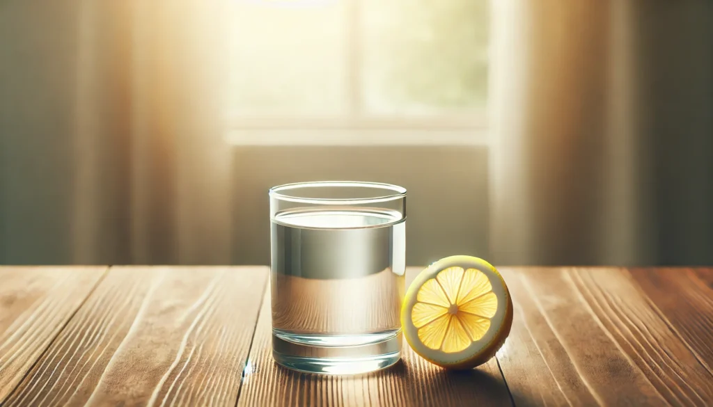 A calming scene of a glass of clear water with a lemon slice beside it on a wooden table, representing natural hydration and digestive aid in a serene, clean atmosphere