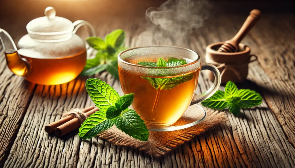 A soothing cup of herbal tea with fresh mint leaves on a rustic wooden surface, emitting gentle steam, symbolizing natural digestive relief and relaxation