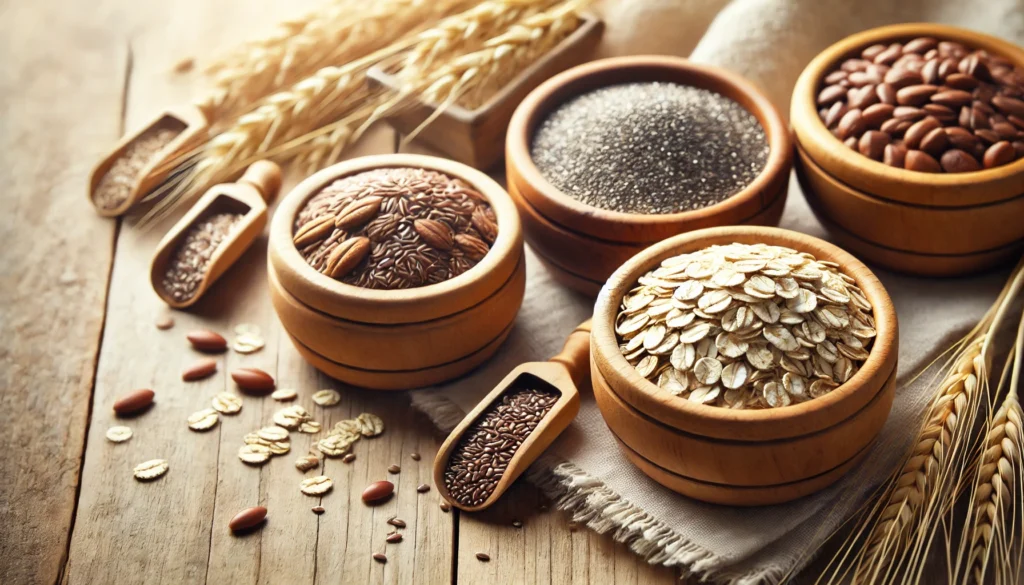 A close-up of fiber-rich grains, including oats, chia seeds, and flaxseeds in small bowls on a wooden table, promoting digestive health and natural remedies in a bright, rustic setting