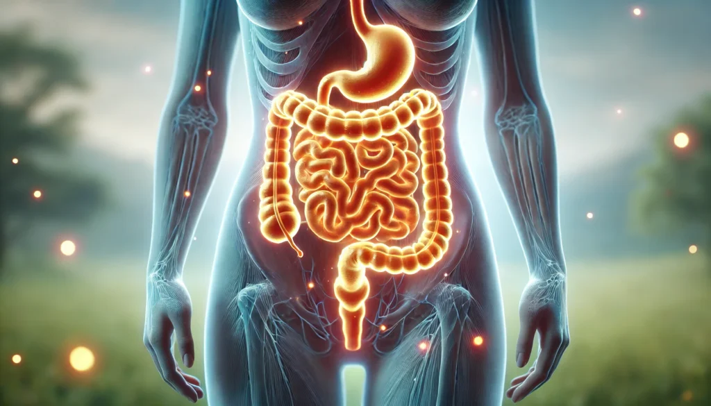 A glowing, healthy digestive system inside a human torso, symbolizing colon detoxification and internal cleansing. The intestines emit a clean, radiant energy, representing purification and digestive wellness