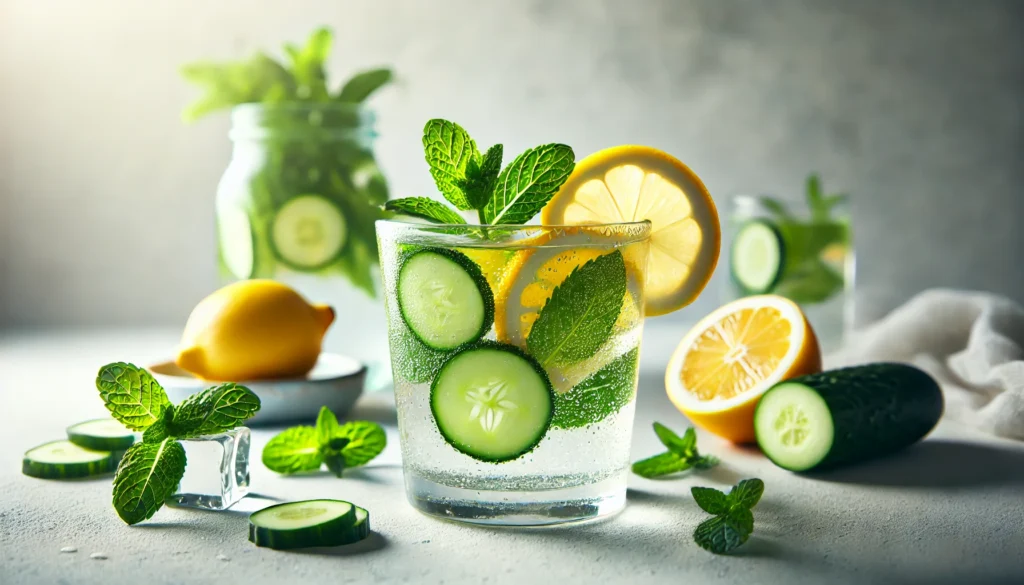  A refreshing glass of infused water with lemon, mint, and cucumber, symbolizing natural colon cleansing, hydration, and detoxification. The bright, clean background enhances the feeling of purity and wellness