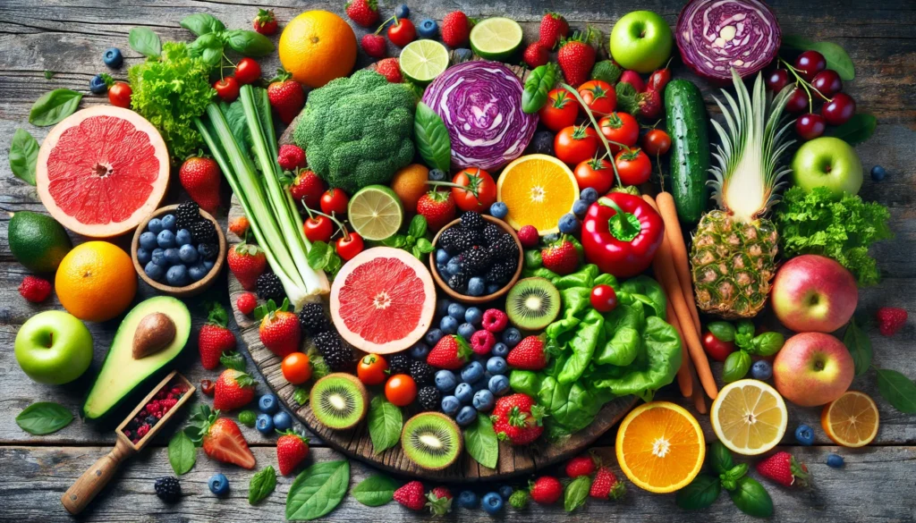 A vibrant display of fresh fruits and vegetables rich in antioxidants, including berries, leafy greens, and citrus, emphasizing detox, health, and wellness