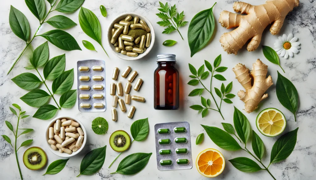 A flat lay of natural supplements and herbal capsules on a white marble background, surrounded by fresh green leaves and ginger slices, symbolizing natural weight loss and body detox