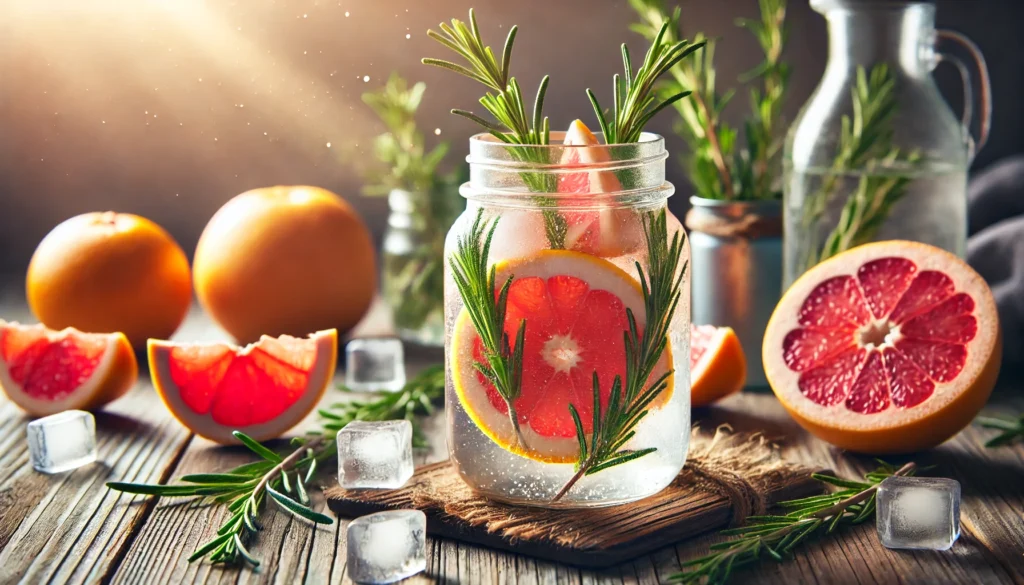 Mason jar of detox water infused with grapefruit slices and rosemary on a rustic wooden surface with sunlit background, evoking vitality and freshness