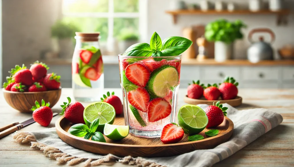 Glass of detox water with strawberries, lime, and basil on a wooden tray in a bright kitchen, highlighting refreshing wellness and natural health benefits