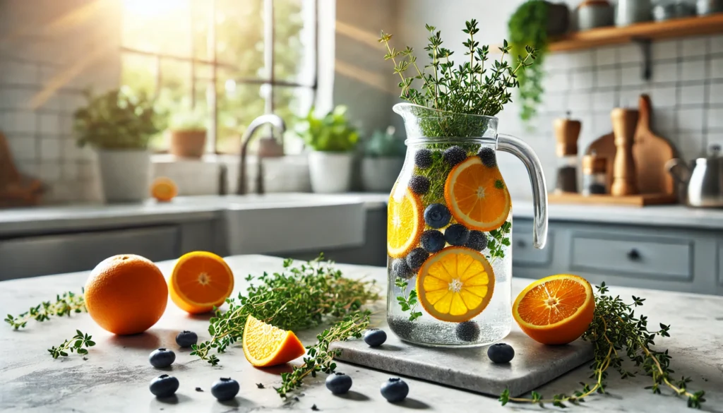 Glass jug of detox water with orange slices, blueberries, and thyme on a marble countertop with a minimalist kitchen background, representing freshness and digestion support