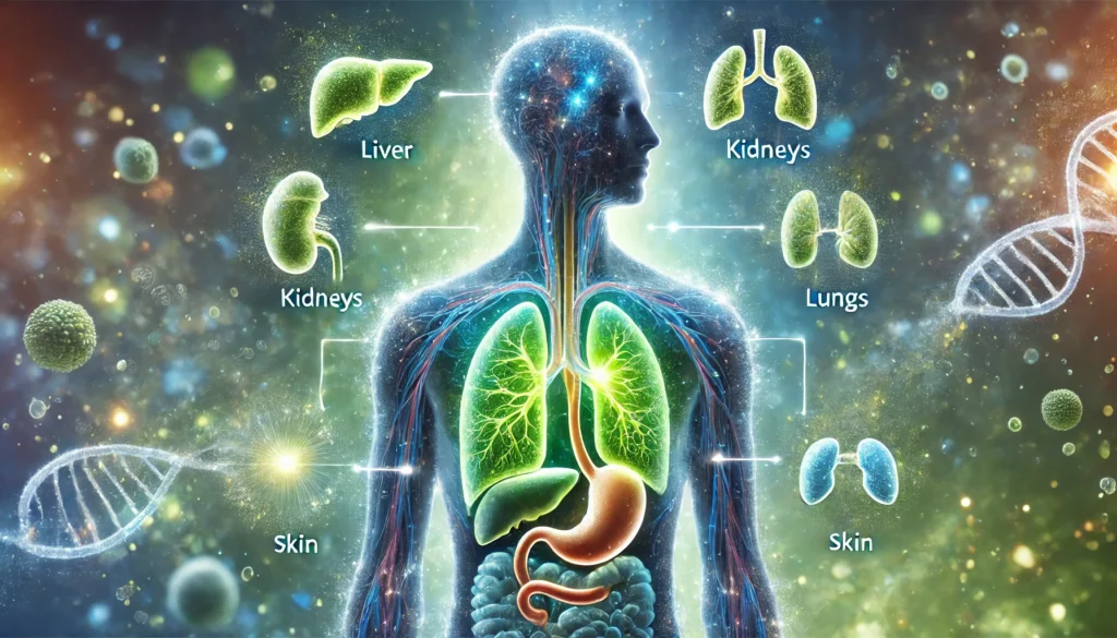 A futuristic digital illustration depicting the body's natural detoxification process. A glowing human silhouette showcases illuminated pathways representing the liver, kidneys, lungs, skin, and intestines, symbolizing the removal of toxins. The ethereal background blends blue and green hues, emphasizing purification, renewal, and the body's self-cleansing mechanisms