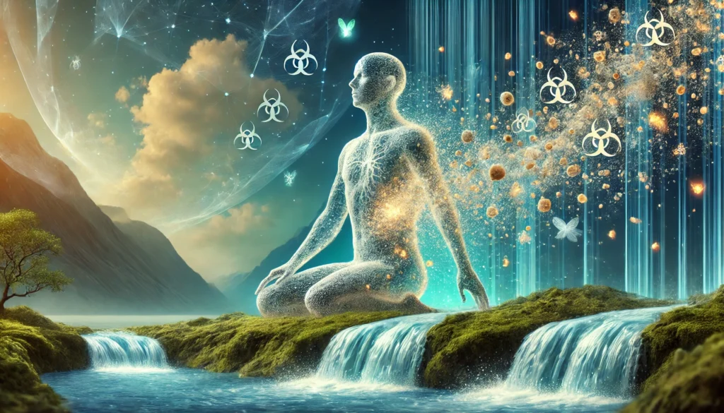 A surreal digital artwork depicting the elimination of toxins from the body. A translucent human figure is surrounded by tiny glowing particles symbolizing toxins being released through sweat, breath, and digestion. The serene background features flowing water and fresh air, emphasizing natural detoxification, purification, and renewal