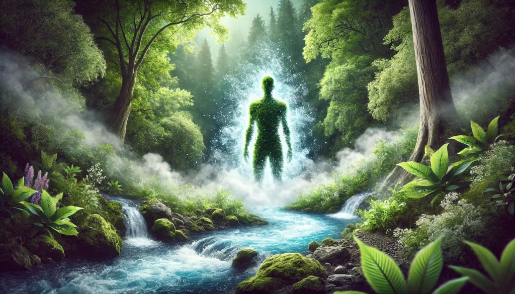 A conceptual nature-inspired digital artwork representing detoxification and renewal. A human silhouette, composed of water and light, stands amidst a lush forest with flowing rivers and fresh air. Gentle mist surrounds the figure, symbolizing the release of toxins through breath and sweat. The scene evokes a sense of natural purification, healing, and the deep connection between the body and nature