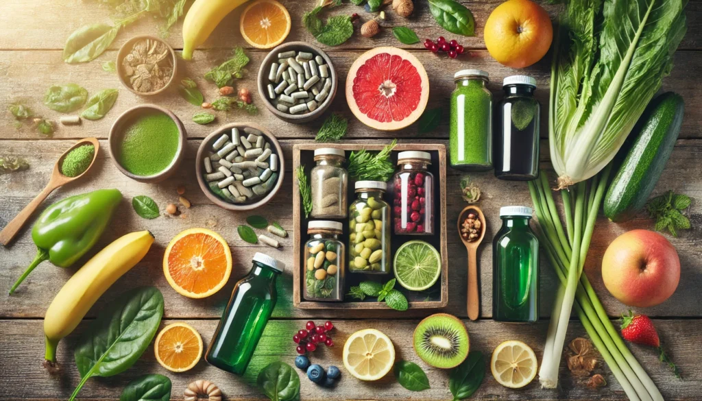 Flat lay of a detox cleanse kit featuring natural supplements, green juice bottles, herbal extracts, and fresh fruits like berries and citrus slices on a rustic wooden surface with soft sunlight