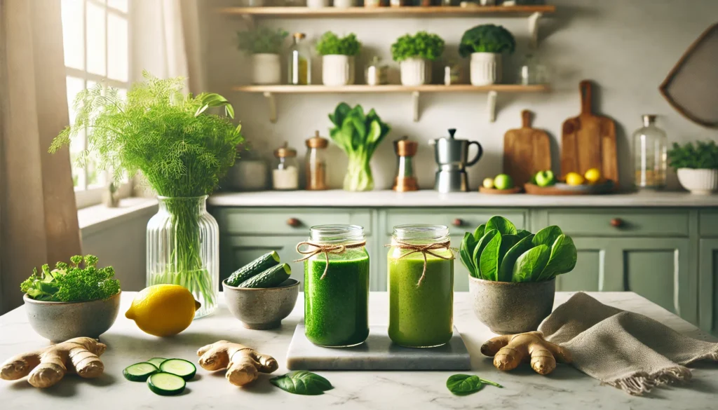 Wellness scene with detox smoothies in glass jars surrounded by green leafy vegetables, ginger, lemon, and herbs on a marble countertop in a minimalistic, clean kitchen atmosphere