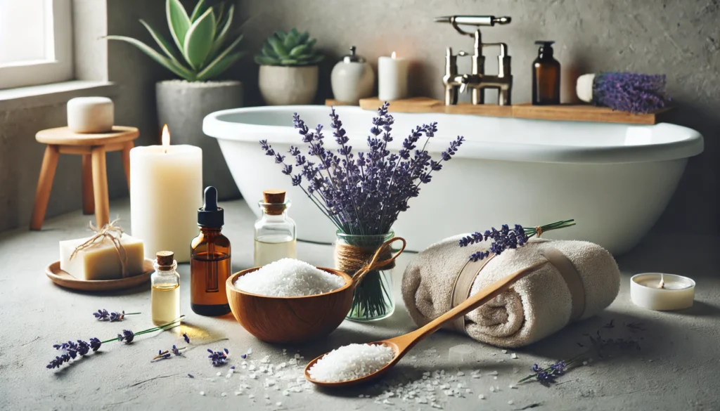 Minimalist lifestyle scene showing a detox bath setup with Epsom salt, essential oils, fresh lavender sprigs, white towels, and candles near a bathtub in a tranquil environment