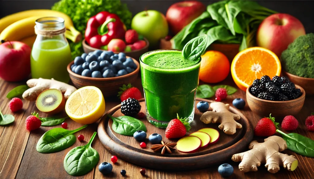  A fresh and vibrant detox smoothie with ingredients like berries, spinach, lemon, and ginger on a wooden kitchen counter. A glass of green juice with condensation sits in the center, surrounded by nutrient-rich fruits and vegetables, symbolizing natural cleansing and detoxification.