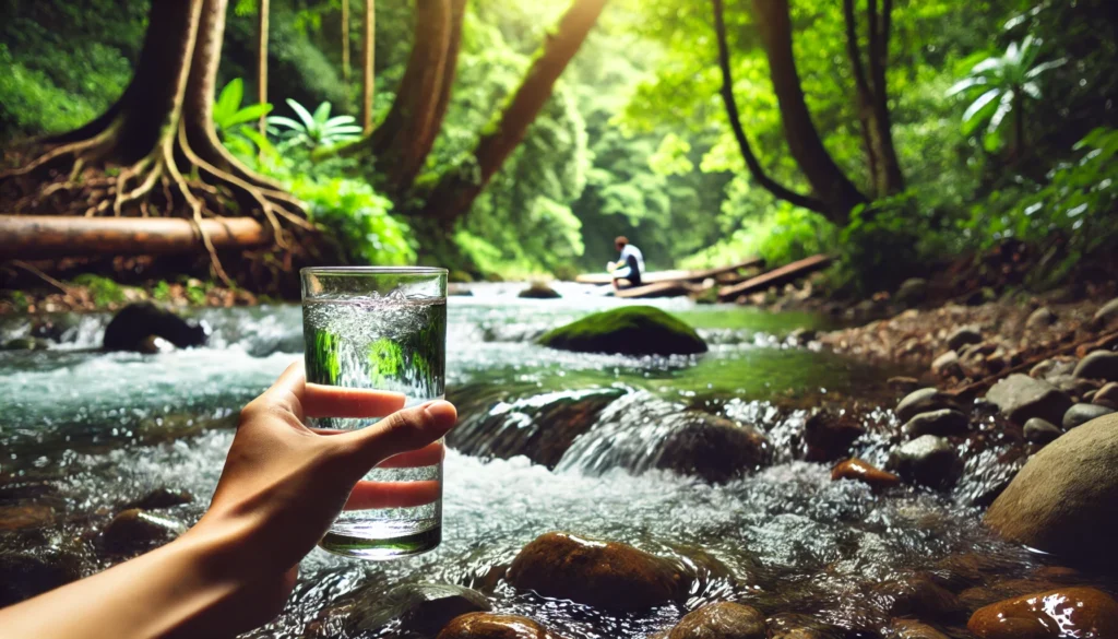 A serene outdoor setting with a person drinking a large glass of water near a flowing river, surrounded by lush greenery. The clear water and natural environment emphasize hydration, purification, and detoxification, symbolizing the process of flushing toxins from the body