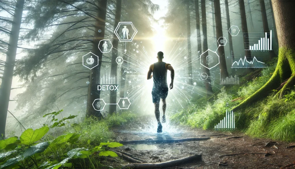 A dynamic fitness scene of a person jogging on a misty forest trail in the early morning, surrounded by fresh air and tall trees. The individual is sweating, symbolizing the body's natural detoxification process through exercise, with sunlight filtering through the trees to create an invigorating atmosphere