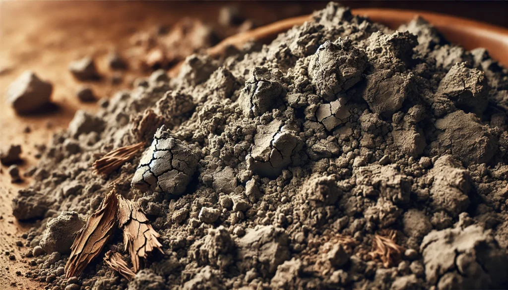 Close-up of bentonite clay-rich soil with earthy textures, highlighting the natural minerals and detoxifying properties of the Great Plains