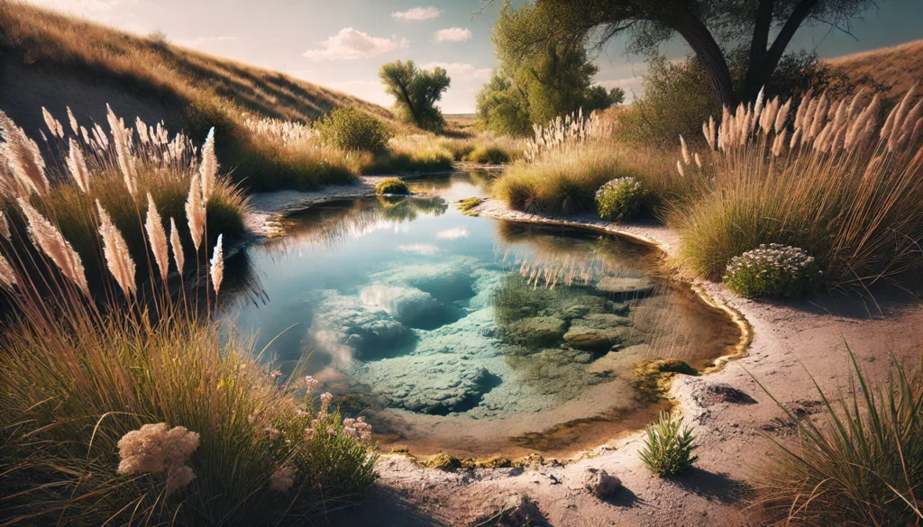 Calm natural spring surrounded by Great Plains vegetation with clay deposits at the water's edge, representing the cleansing power of bentonite clay