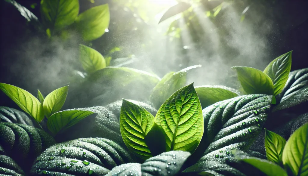 Close-up of water droplets misting over vibrant green leaves, representing detoxification, freshness, and natural wellness