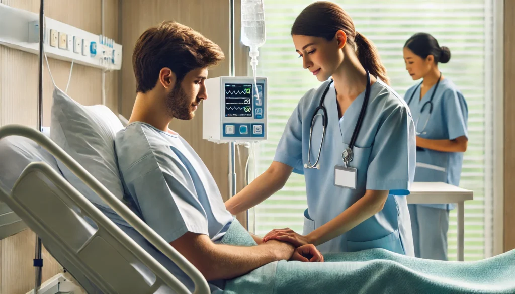 A compassionate nurse assisting a patient in a hospital detox ward, providing care and monitoring vital signs. The patient is resting in a hospital bed, undergoing medical detoxification in a sterile yet calming environment, emphasizing professional medical support