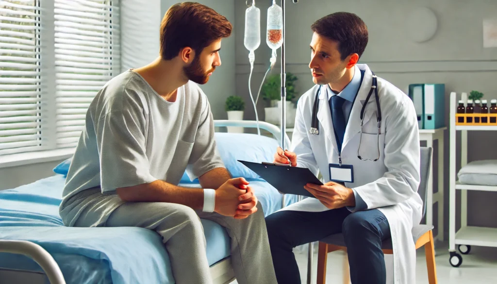 A doctor consulting with a patient in a hospital detox unit, discussing treatment plans. The patient sits on a hospital bed while the doctor listens attentively, emphasizing medical expertise and compassionate care in a clinical detoxification setting.