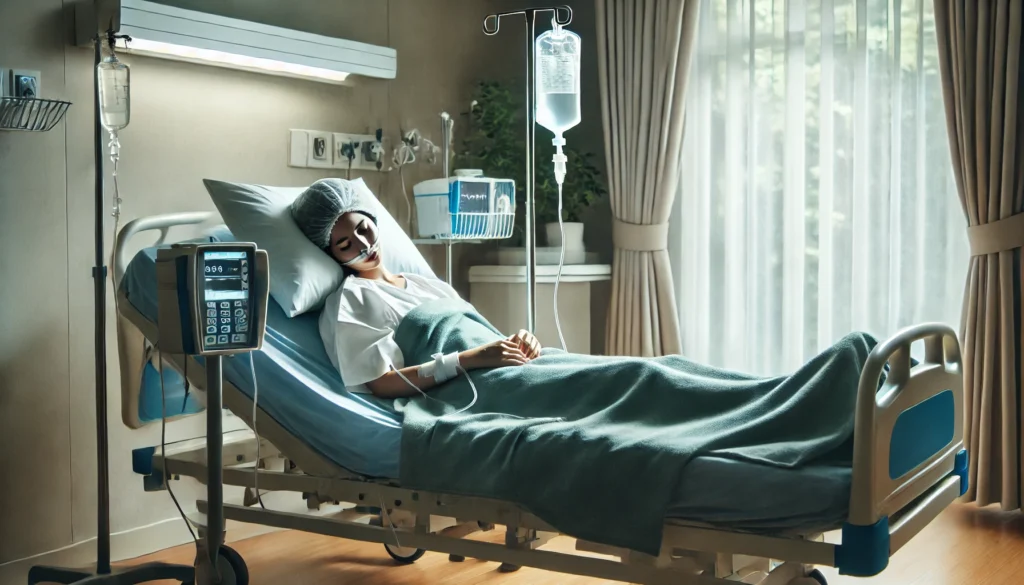 A hospital detox patient receiving hydration therapy through an IV drip while resting peacefully. The medical equipment and sterile hospital environment emphasize professional detox care, focusing on comfort, recovery, and patient well-being in a supportive setting