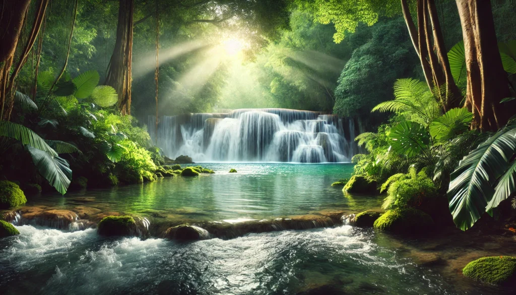 A serene waterfall cascading into a crystal-clear river, surrounded by lush green foliage and bathed in soft morning light. The tranquil scene embodies the purity and cleansing essence of holistic detoxification