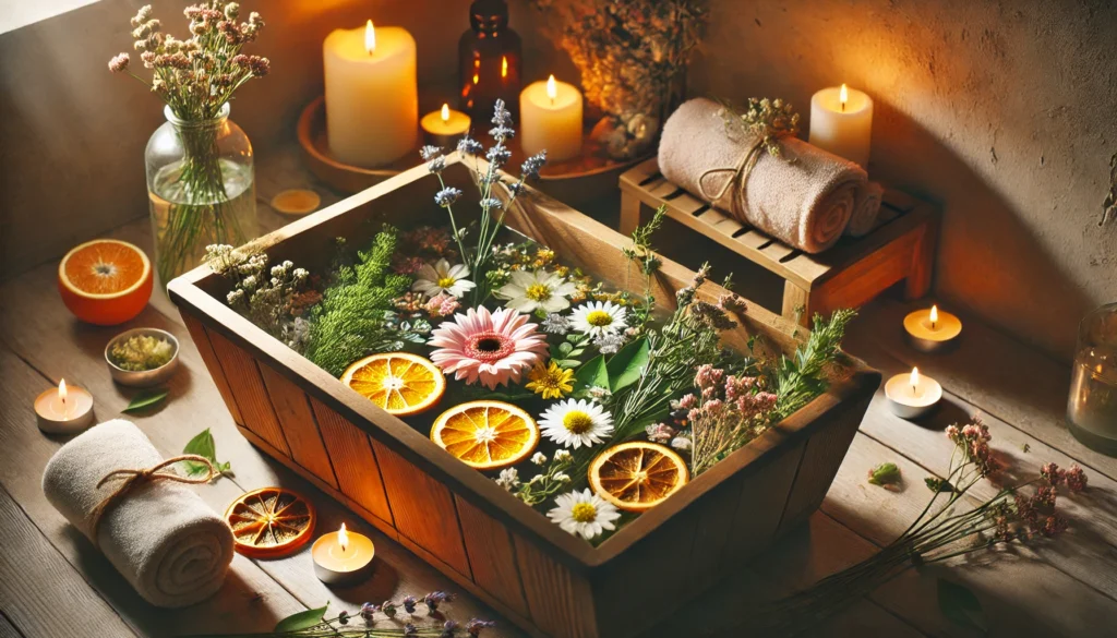 A tranquil spa-like setting featuring a herbal detox bath in a wooden tub, adorned with floating flowers, fresh herbs, and citrus slices, surrounded by soft candlelight. The scene evokes relaxation and holistic detox through natural bathing rituals