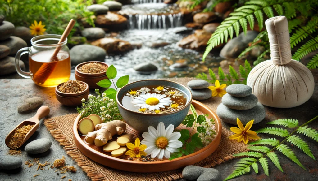 Herbal tea infused with chamomile, ginger, and lemongrass on a wooden tray, surrounded by aromatic herbs and petals, with flowing water and natural stones in the background, symbolizing holistic wellness and detoxification