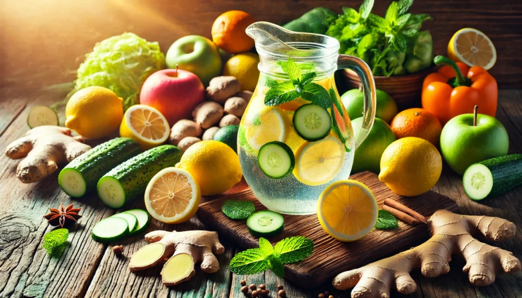 Vibrant display of detoxifying fruits including lemon, ginger, cucumber, and mint, beautifully arranged on a rustic wooden table with a pitcher of infused water glistening in sunlight, symbolizing refreshing natural cleansing