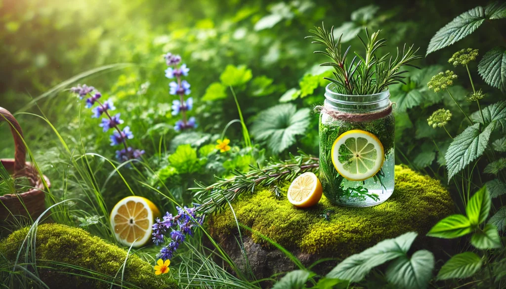 Glass jar of herbal detox water infused with rosemary and citrus slices on a moss-covered stone, surrounded by green foliage and wildflowers, evoking natural purity and holistic well-being.