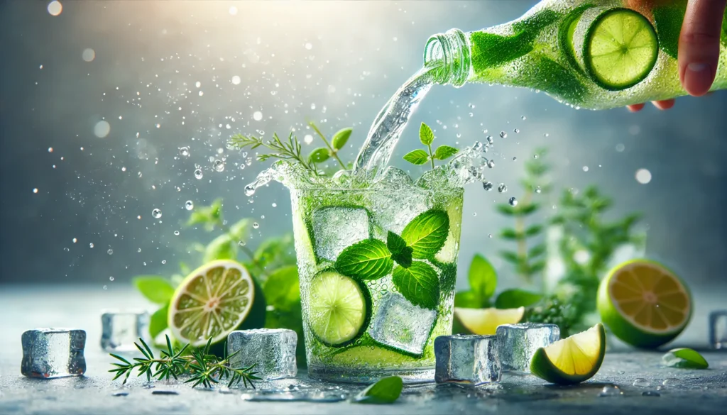 Refreshing detox drink being poured into an ice-filled glass, surrounded by citrus slices and herbs, emphasizing rejuvenation and hydration