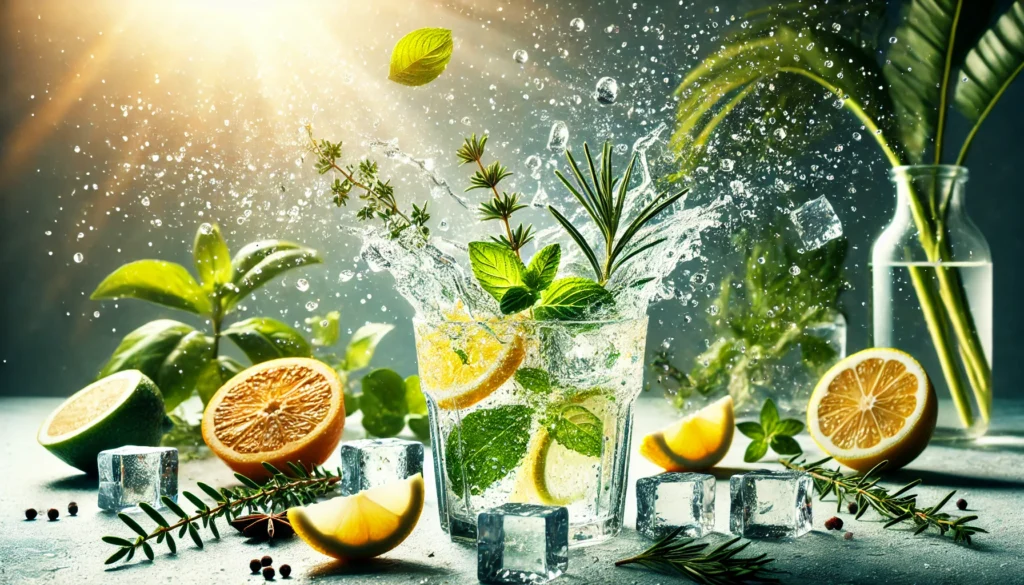 Dynamic splash of detox drink surrounded by fresh herbs, citrus fruits, and ice cubes, symbolizing vitality, cleansing, and energy