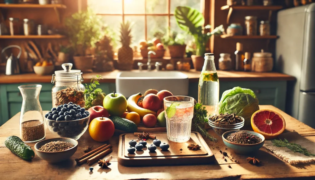 A warm and inviting home kitchen featuring fresh fruits, vegetables, herbal teas, and a glass of detox water on a wooden counter, symbolizing natural alcohol detox at home