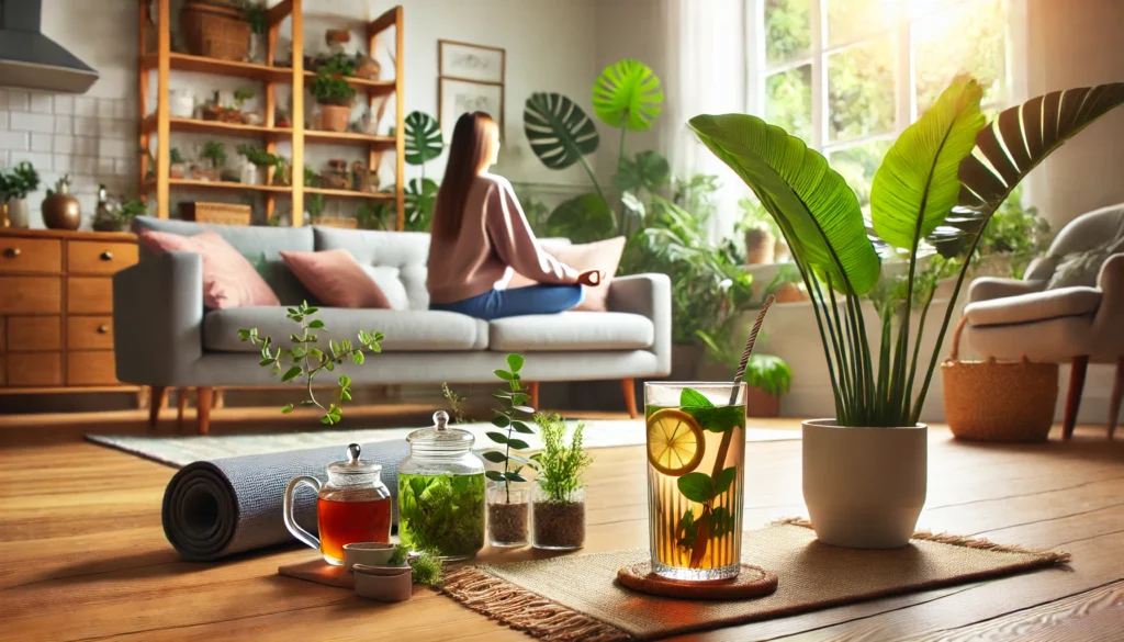 A tranquil living room with a person meditating on a yoga mat, surrounded by indoor plants and a cup of herbal detox tea, representing a holistic approach to alcohol detox at home.