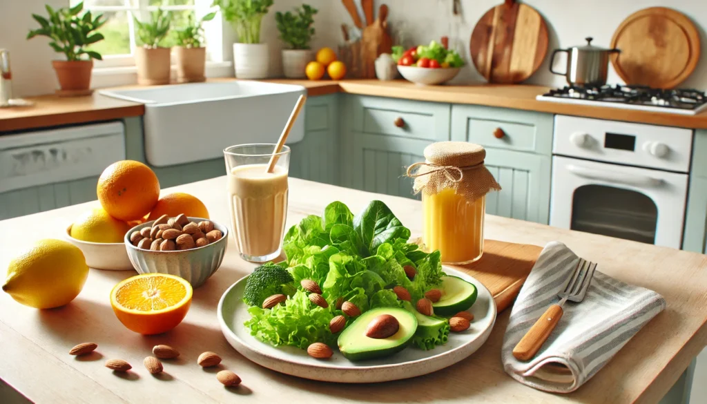 A well-lit kitchen with a wooden table displaying a fresh detox meal, including greens, citrus fruits, nuts, and a detox smoothie, highlighting a healthy approach to alcohol detox at home