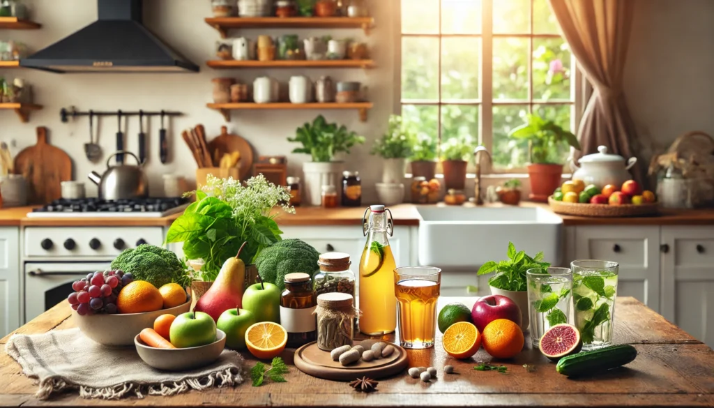 A serene home kitchen with fresh fruits, vegetables, herbal teas, and detox drinks on a wooden counter, symbolizing a natural and healthy approach to drug detox at home