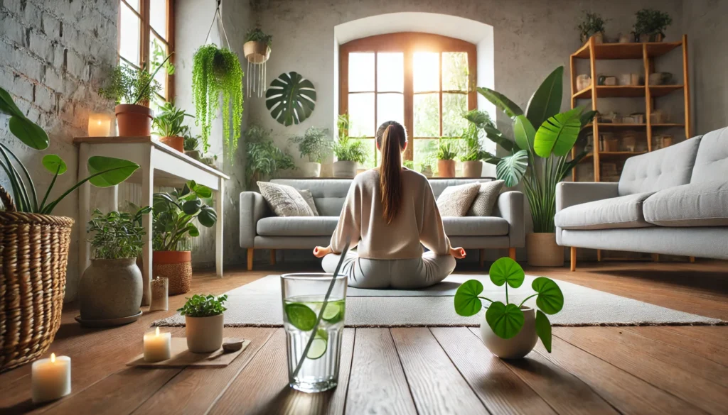 A peaceful living room with a person meditating on a yoga mat, surrounded by indoor plants and a glass of detox water, representing a holistic and mindful approach to drug detox