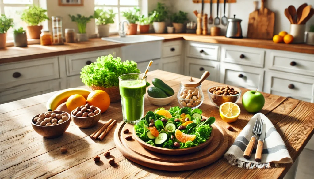 A well-lit kitchen with a wooden table displaying a fresh detox meal, including greens, citrus fruits, nuts, and a detox smoothie, highlighting a nutritious approach to drug detox