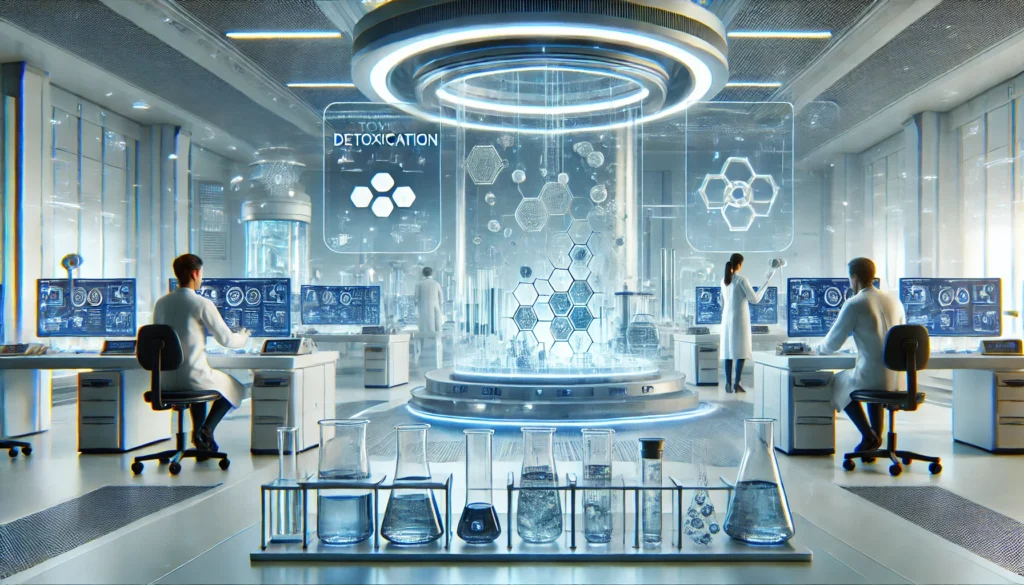 Futuristic laboratory with scientists analyzing detoxification samples using advanced technology, glass beakers, and holographic molecular displays, representing THC detox research