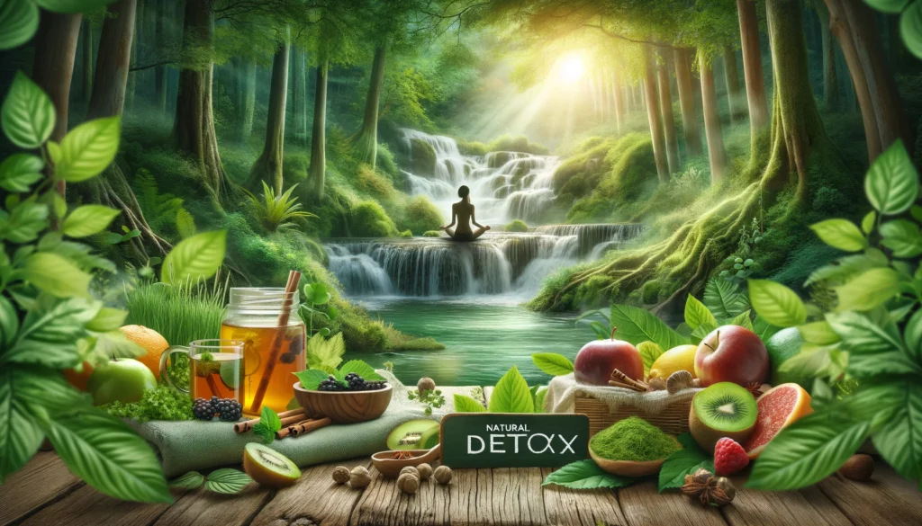 Peaceful natural detox scene with a person relaxing in a lush forest near waterfalls, surrounded by herbal plants, fresh fruits, and detoxifying herbal tea, symbolizing holistic THC detox