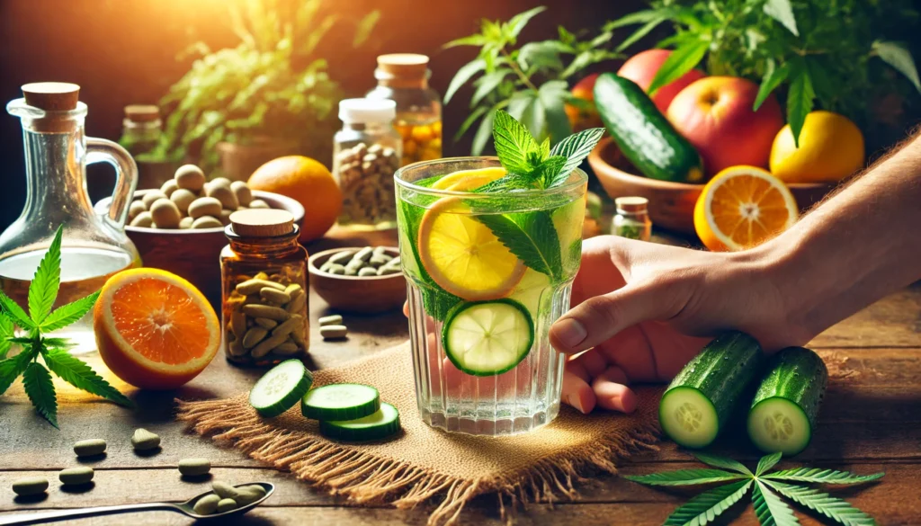 Close-up of a detoxification process with a hand holding a glass of infused detox water with citrus, mint, and cucumber, surrounded by fresh organic ingredients and herbal supplements, highlighting natural THC detox methods