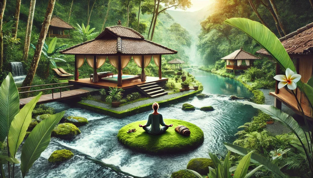 A serene wellness retreat for natural detox, featuring a person practicing yoga near a flowing river, surrounded by lush greenery in a peaceful and rejuvenating outdoor setting