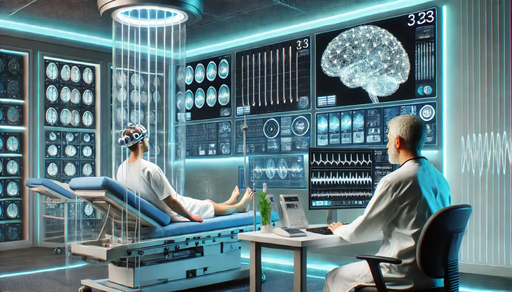  A futuristic addiction recovery lab equipped with advanced brain imaging technology, where a medical professional monitors a patient undergoing neurotherapy treatment, highlighting cutting-edge detox and addiction recovery methods