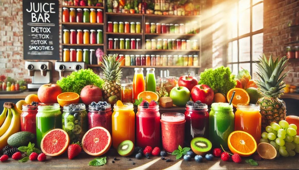 A bright and inviting juice bar featuring an assortment of colorful fresh fruits and detox smoothies in glass jars, with natural sunlight enhancing the fresh and healthy ambiance.