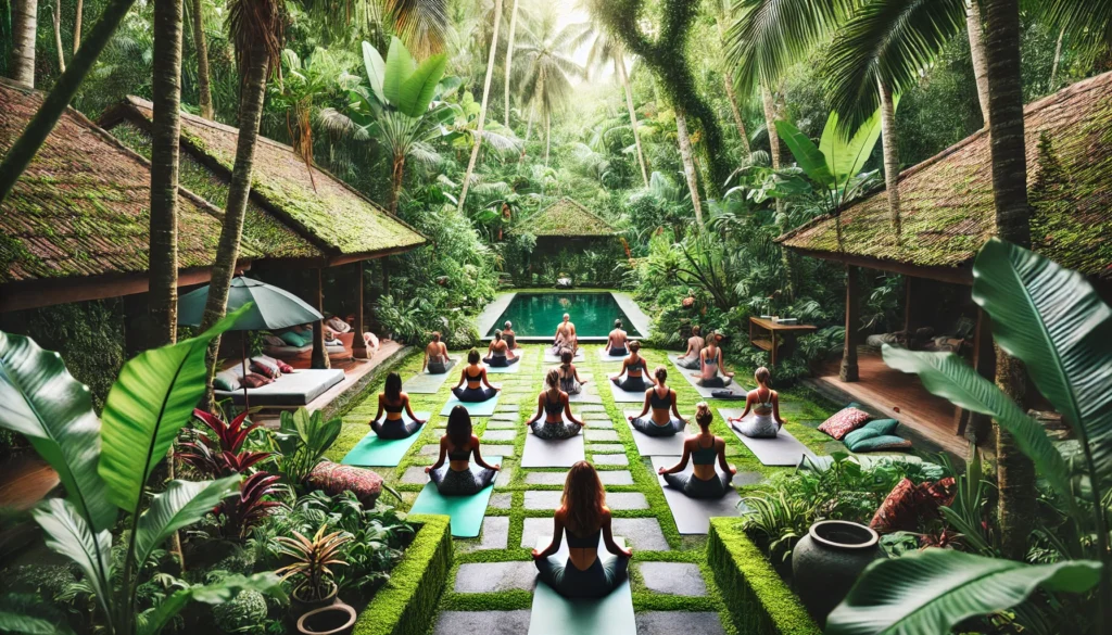 A tranquil outdoor yoga and meditation space surrounded by lush tropical greenery, where people practice mindful breathing and stretching, fostering detoxification and mental clarity