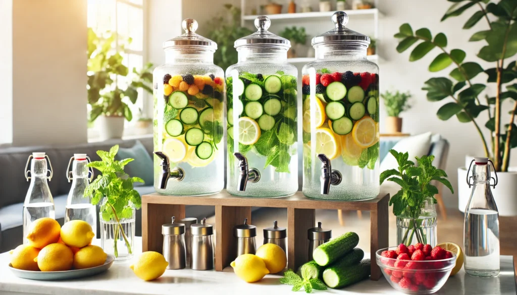 A bright and refreshing detox water station featuring glass dispensers filled with infused water containing cucumber, lemon, mint, and berries, illuminated by natural light to enhance the fresh and clean ambiance