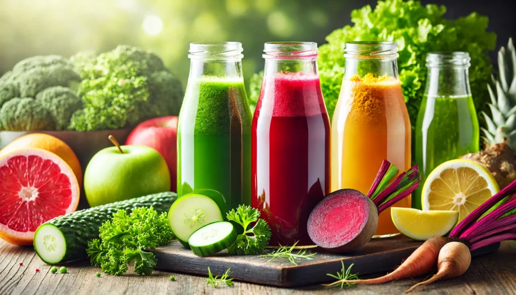 A close-up of detox-friendly weight-loss juices in glass bottles, including bright green kale-cucumber-lemon juice, rich red beetroot-apple-ginger juice, and golden turmeric-pineapple juice. Fresh ingredients surround the bottles with soft natural lighting.